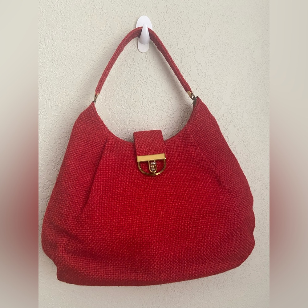Vintage JR Florida  Red Woven Burlap Hobo Lightweight Handbag